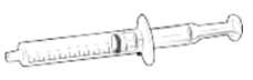 Black and white technical drawing of a medical syringe with graduated barrel, plunger, and flange for grip
