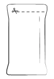 Linear drawing of a rectangular sachet with a horizontal dashed line at the top and a