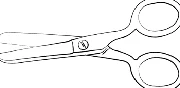 Black and white linear drawing of a pair of open scissors with long, thin blades and two large finger rings