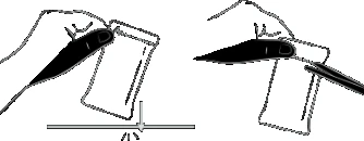 Technical drawing showing two hands handling a cylindrical container with a sharp black object for a