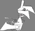 Two white hands stirring white powder in a small graduated container using a spoon or thin stick