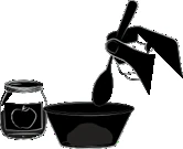 A hand holds a spoon over a bowl next to a glass jar with the