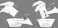 Technical drawing showing two steps for pouring the contents of a vial into a bowl, with hands tilting and moving the container