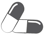Stylized illustration of two two-tone medicinal capsules, one tilted and the other