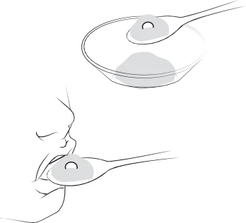 Linear drawing showing a spoon with liquid medication above a bowl and a second spoon bringing the medication to a person's mouth
