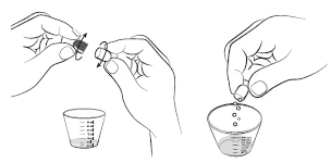 Technical drawing showing hands opening a vial and pouring drops of liquid into a graduated measuring cup for drug administration