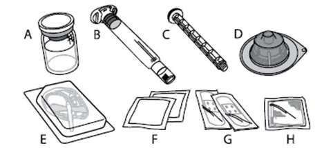Technical drawing of medical components labeled with letters: vial A, syringe B, needle C, cap D, tubing E, adhesive bandages F, test strips G and H