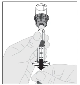 Two hands hold a syringe with an upper cap and a black arrow indicating downward movement to press the plunger