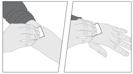 Two illustrations show hands applying a white adhesive bandage to the upper arm and the back of the hand