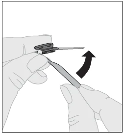Two hands rotating a medical device with a curved black arrow indicating the rotational movement