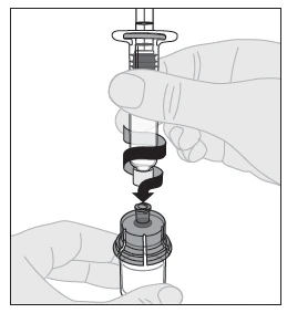 A hand holds a syringe and inserts it by rotating downward to penetrate the stopper of a glass vial