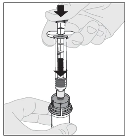 Hands pressing the plunger of a syringe downward to draw the contents from a vial, indicated by a directional black arrow