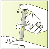 A hand holding a vertical auto-injector containing yellow liquid while the