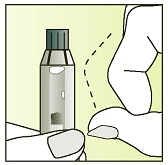 A hand holding a gray cylindrical vial while the