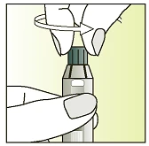 Two hands holding an injection pen while the upper hand rotates the top cap clockwise on a light background