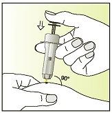 A hand holding an injection pen vertically at a 90-degree angle to the skin of the arm to administer medication with a downward arrow