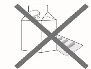 Stylized drawing of a milk carton and a tablet blister pack with a large cross over it indicating prohibition of taking with milk