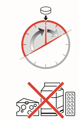 Diagramma di un orologio con freccia che indica il tempo e icone di formaggio, latte e pillole sbarrate da una croce rossa per indicare divieto