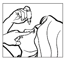Disegno in bianco e nero che mostra una mano che tiene un flacone spray sopra il naso di una persona e l'altra mano che sostiene il mento