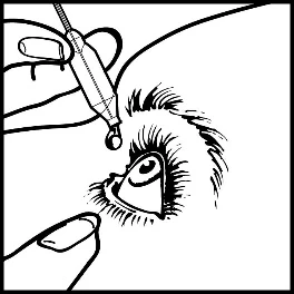 Disegno in bianco e nero che mostra una mano che tiene un flacone contagocce per somministrare una goccia di liquido nell'occhio aperto
