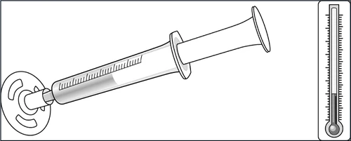 Disegno tecnico di una siringa con pistone e scala graduata accanto a un termometro verticale con colonna di liquido scuro
