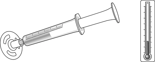 Disegno tecnico di una siringa con cilindro graduato e stantuffo accanto a un termometro clinico verticale con scala graduata e bulbo