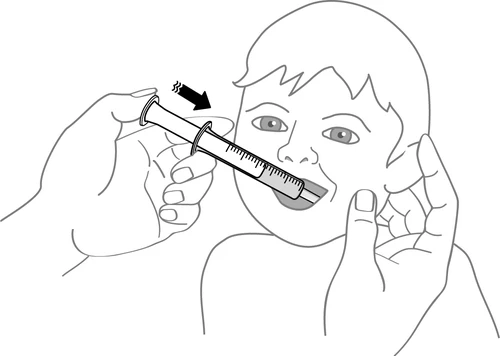 Disegno lineare di una mano che inserisce l'estremità di una siringa senza ago nella bocca di un bambino piccolo