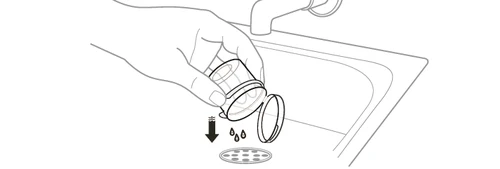 Disegno lineare di una mano che versa il contenuto di un piccolo contenitore in un lavandino con acqua che scende da un rubinetto