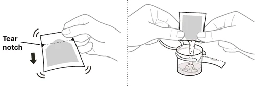 Due disegni mostrano mani che aprono una bustina tramite un'incisione e versano il contenuto in un contenitore trasparente con un tappo a vite