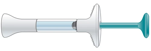 Syringe-shaped medical device with a translucent white body showing internal liquid and a blue plunger on the right