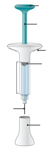 Technical diagram of a syringe with components highlighted by black lines indicating the plunger, barrel, liquid, and the