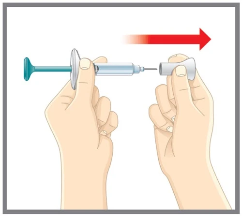 Two hands holding a horizontal syringe and separating it by pulling the plunger to the left, indicated by a red arrow pointing to the right