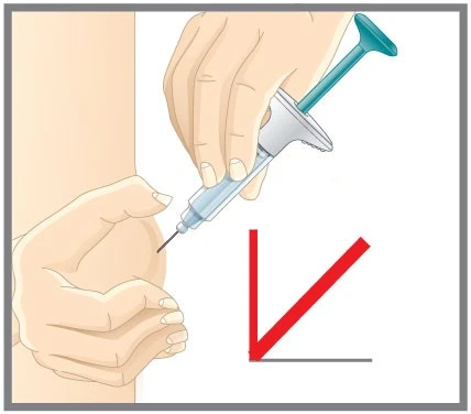 A hand holds a syringe with needle pointing toward the upper thigh of a person with a red checkmark beside it