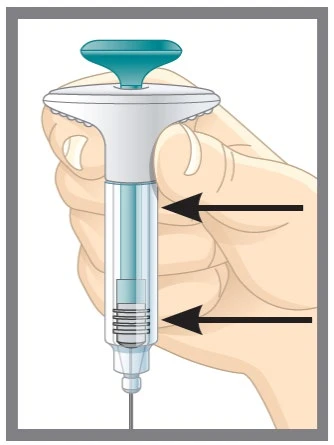A hand holds a syringe with two black arrows indicating downward pressure movement of the plunger for administration