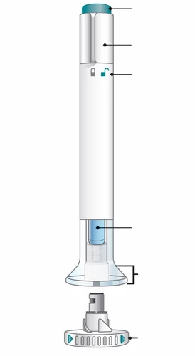 Technical diagram of a cylindrical white medical device with graphic indicators and transparent components showing the internal mechanism