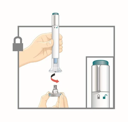 Medical illustration showing a hand holding a white auto-injector, detaching the base with a curved red arrow and an open lock