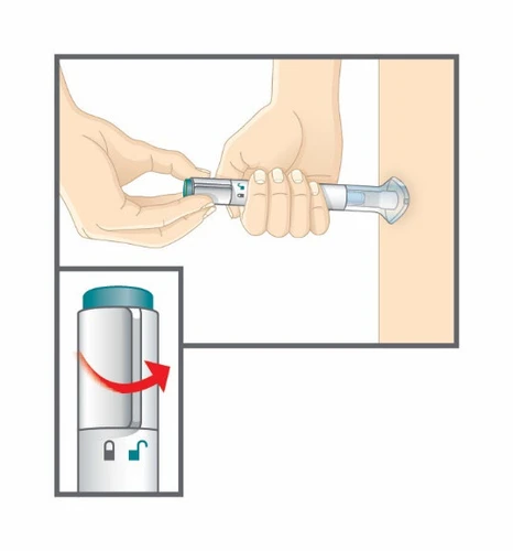 Two hands holding a transparent medical device against the skin, and an inset shows a red arrow indicating a rotational movement