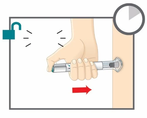 A hand holding an injection pen applied to the skin with a red arrow indicating downward movement toward the