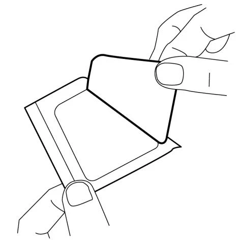 Disegno lineare di due mani che aprono con cura una confezione quadrata di un farmaco o di un dispositivo medico