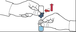 Dos manos separando una tapa azul de un frasco de medicamento con flechas rojas que indican el movimiento hacia la
