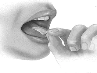 A hand inserts a thin white strip onto the tongue of a person with an open mouth for