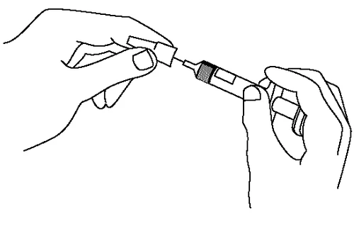 Due mani che tengono una siringa per staccare il cappuccio protettivo dall'ago in un disegno lineare in bianco e nero