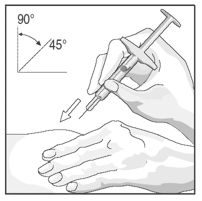 Disegno tecnico che mostra una mano che impugna una siringa per un'iniezione sottocutanea con un angolo di 45 gradi rispetto alla pelle