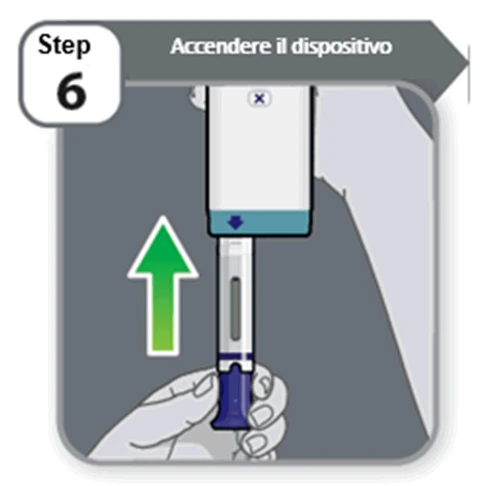 Illustrazione del sesto passaggio con una freccia verde rivolta verso l'alto che indica l'inserimento della penna nel dispositivo per accenderlo