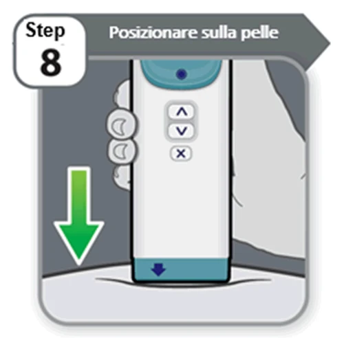 Illustrazione del passaggio 8 che mostra un dispositivo medico bianco con frecce e tasti posizionato sulla pelle con una freccia verde verso il basso