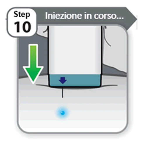 Illustrazione del decimo passaggio con una freccia verde rivolta verso il basso e un dispositivo medico che preme sulla pelle con una goccia blu sottostante