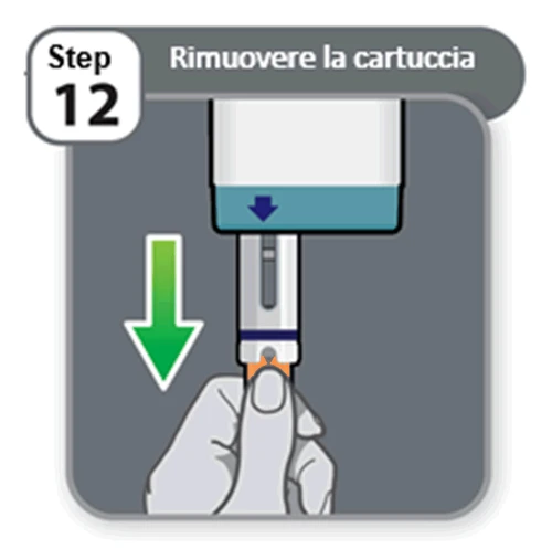 Grafico con scritta Step 12 e Rimuovere la cartuccia che mostra una mano che sfila la cartuccia da un dispositivo medico con una freccia verde verso il basso