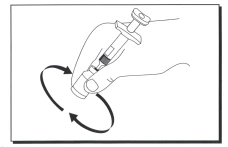 Una mano tiene una siringa e la ruota seguendo il movimento indicato da due frecce curve che formano un cerchio attorno alla base del dispositivo
