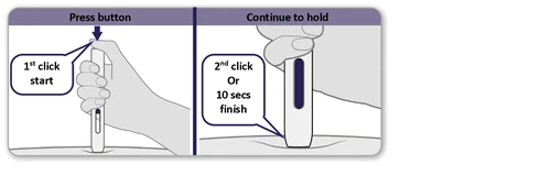 Diagramma illustrativo che mostra due fasi per l'uso di un dispositivo medico con indicazioni su pressione del pulsante e durata della tenuta