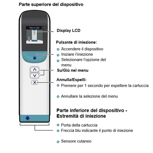 Diagramma di un dispositivo medico con display LCD, pulsante di iniezione, tasti su/giù, tasto annulla e freccia blu per il punto di iniezione